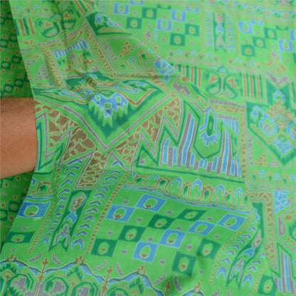 Sanskriti Vintage Sarees Green Pure Silk Printed Sari 5yd Floral Craft Sustainable Fabric
