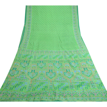 Sanskriti Vintage Sarees Green Pure Silk Printed Sari 5yd Floral Craft Sustainable Fabric