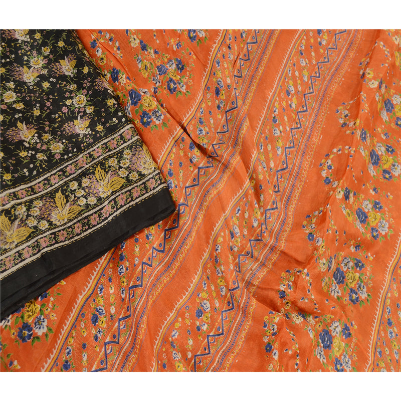 Sanskriti Vintage Sarees From India Black Blend Silk Printed Sari Craft Sustainable Fabric