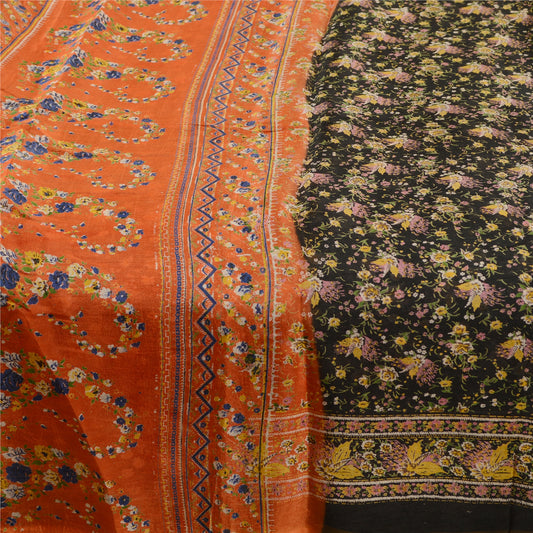 Sanskriti Vintage Sarees From India Black Blend Silk Printed Sari Craft Sustainable Fabric