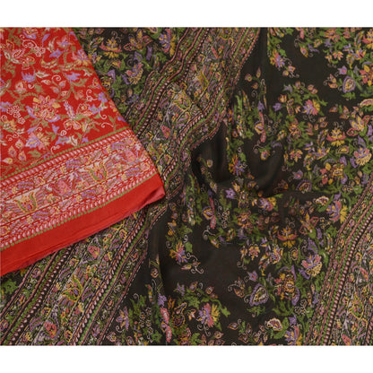 Sanskriti Vintage Sarees Red 100% Pure Silk Printed Sari Floral 5YD Craft Sustainable Fabric