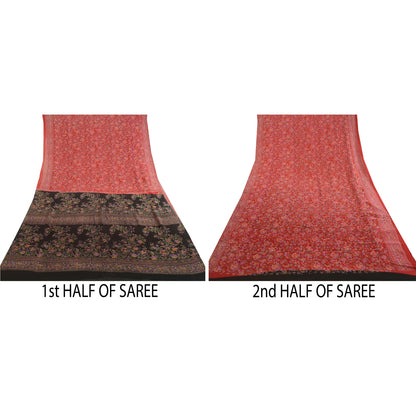 Sanskriti Vintage Sarees Red 100% Pure Silk Printed Sari Floral 5YD Craft Sustainable Fabric