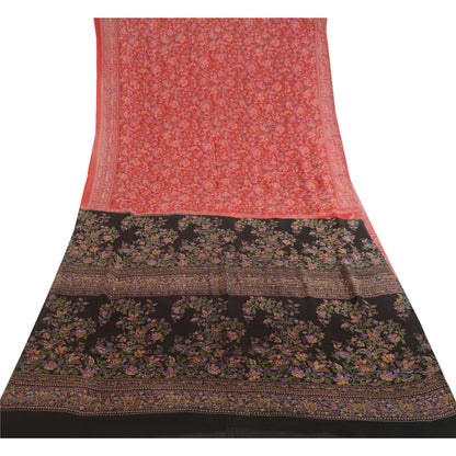 Sanskriti Vintage Sarees Red 100% Pure Silk Printed Sari Floral 5YD Craft Sustainable Fabric
