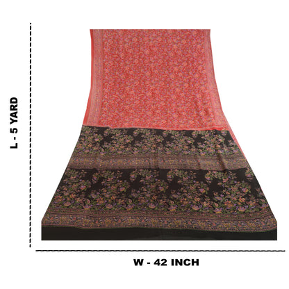 Sanskriti Vintage Sarees Red 100% Pure Silk Printed Sari Floral 5YD Craft Sustainable Fabric