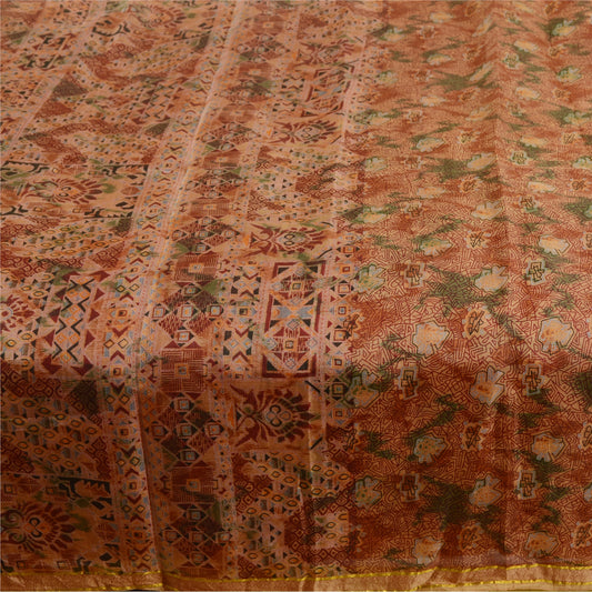 Sanskriti Vintage Sarees Dark Red Pure Silk Printed Zari Work Sari Craft Sustainable Fabric