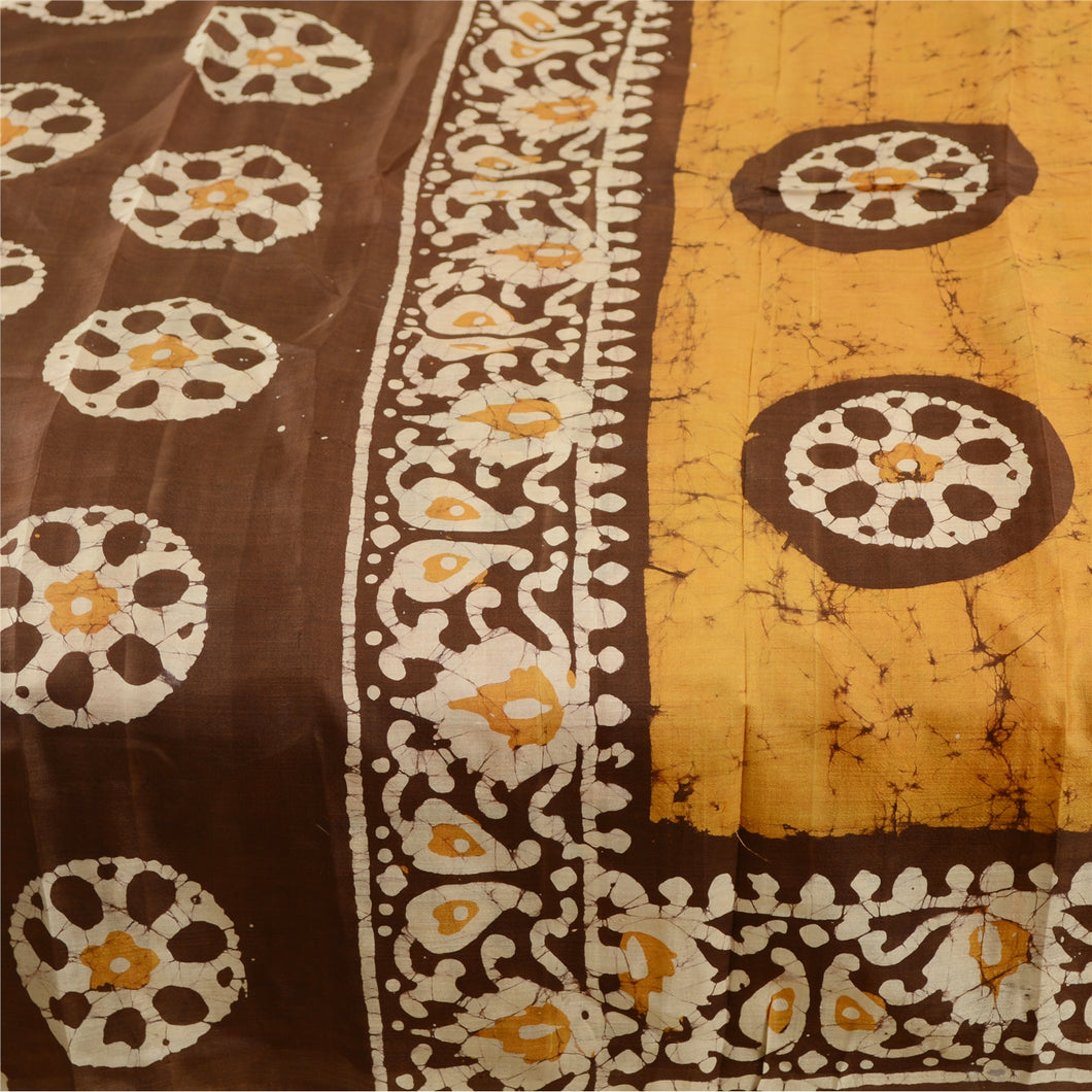 Sanskriti Vintage Sarees Saffron Batik Printed Pure Silk Sari Soft Craft Fabric