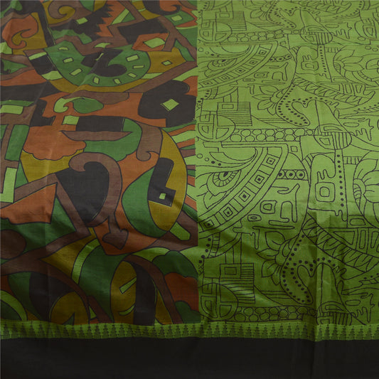 Sanskriti Vintage Sarees From India Green Printed Pure Silk Sari Craft Sustainable Fabric