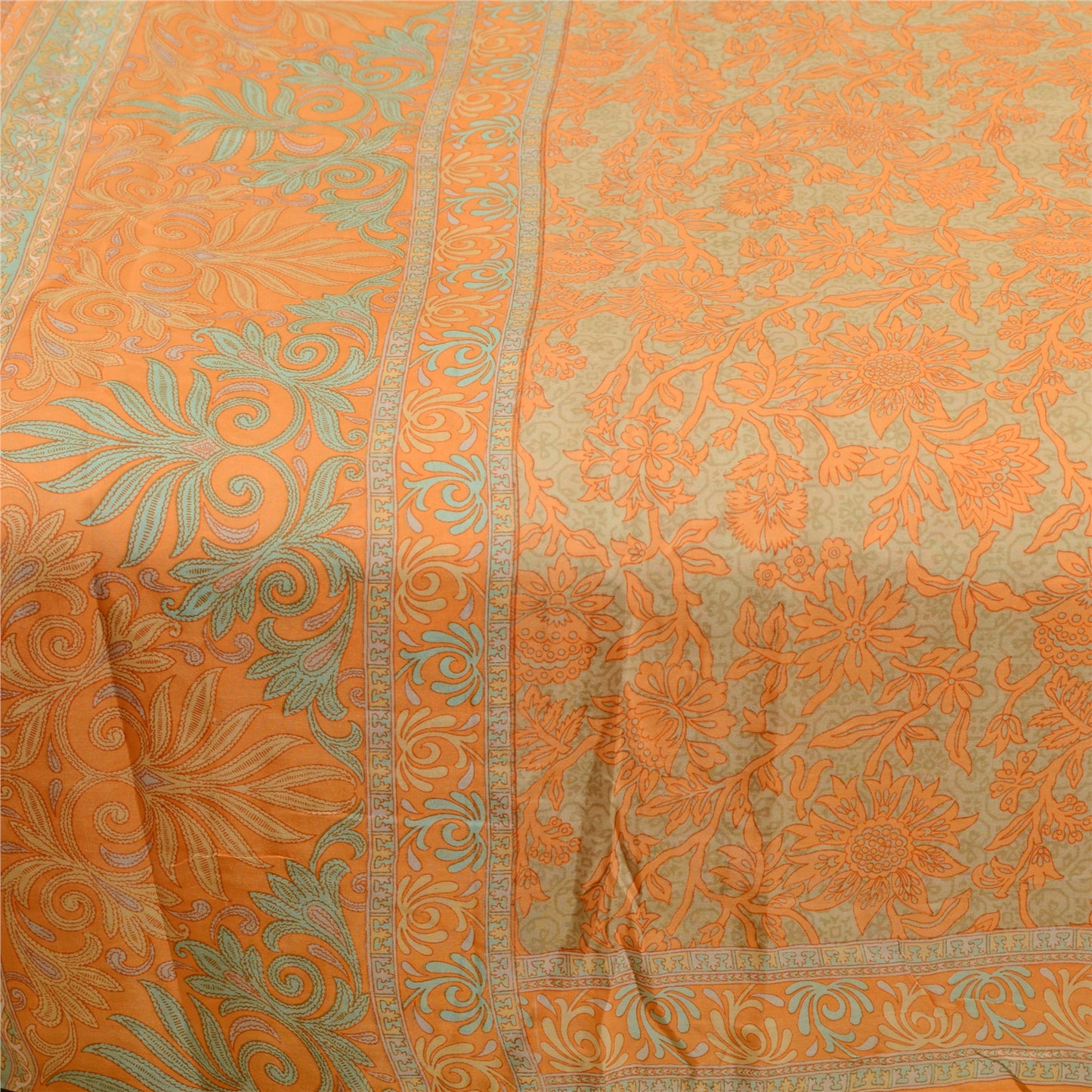 Sanskriti Vintage Sarees Orange Pure Silk Printed Sari Floral 5yd Craft Sustainable Fabric