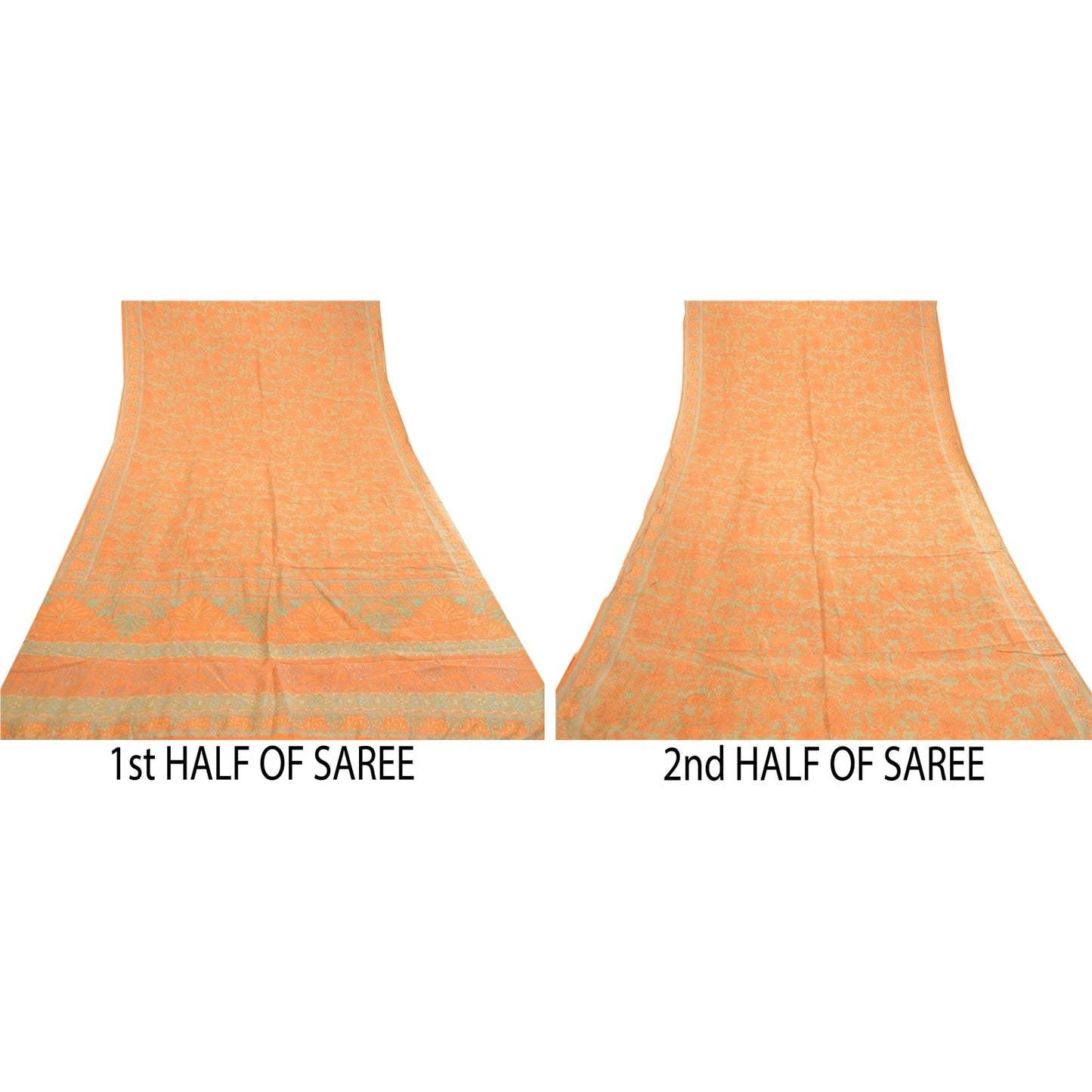 Sanskriti Vintage Sarees Orange Pure Silk Printed Sari Floral 5yd Craft Sustainable Fabric