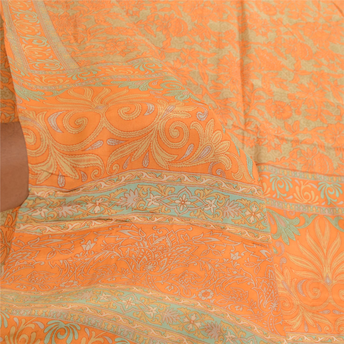Sanskriti Vintage Sarees Orange Pure Silk Printed Sari Floral 5yd Craft Sustainable Fabric