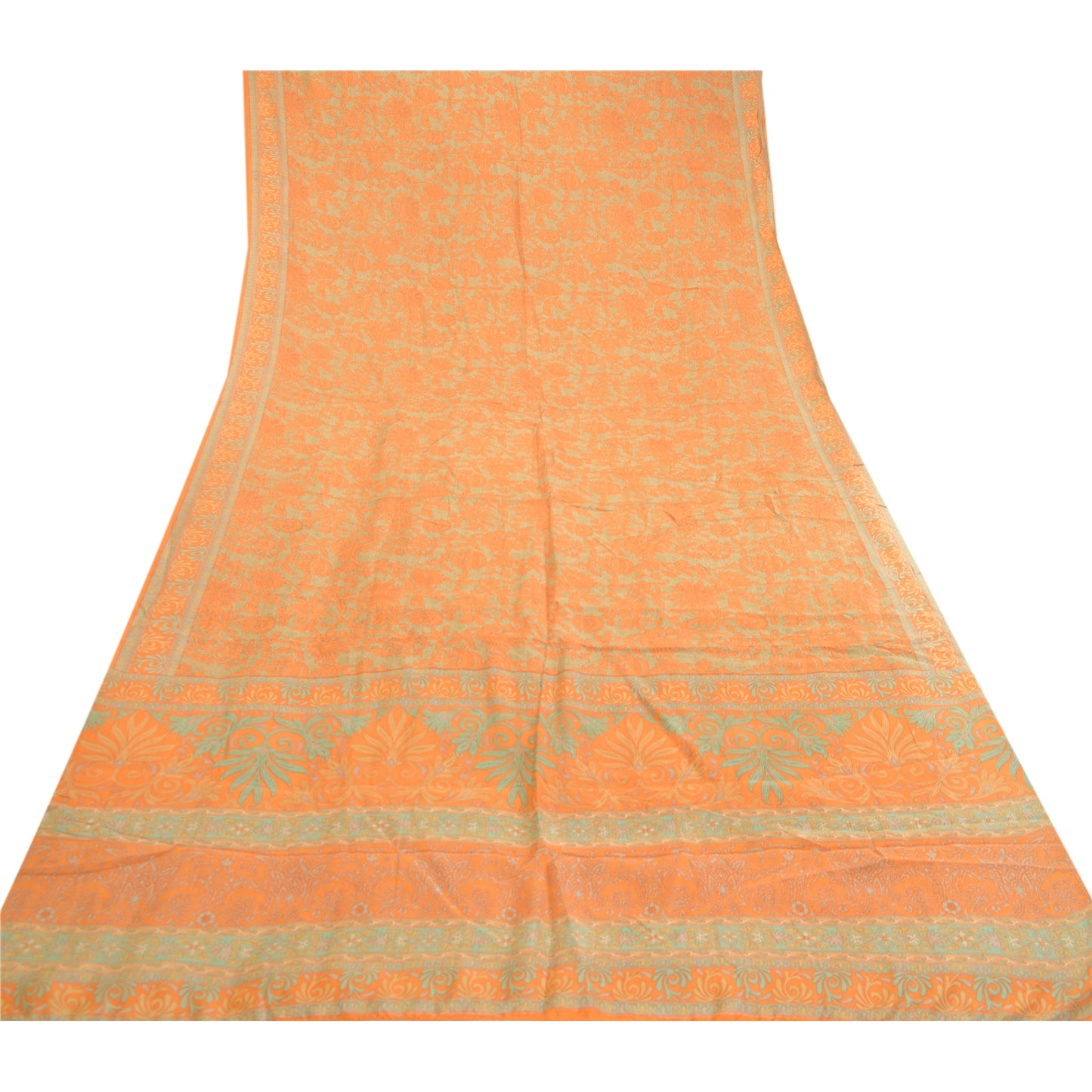 Sanskriti Vintage Sarees Orange Pure Silk Printed Sari Floral 5yd Craft Sustainable Fabric