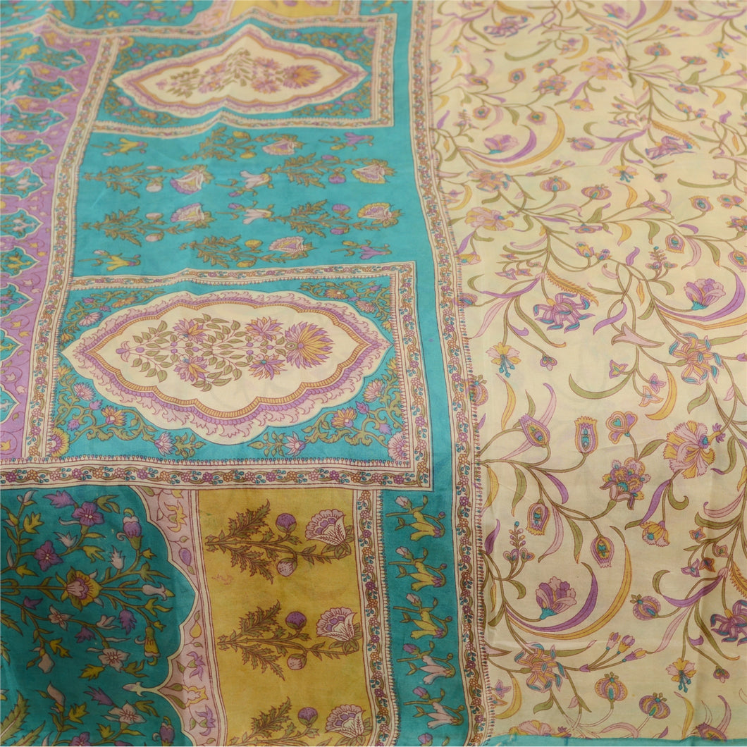 Sanskriti Vintage Sarees Ivory Printed 100% Pure Silk Sari Soft 5yd Craft Fabric