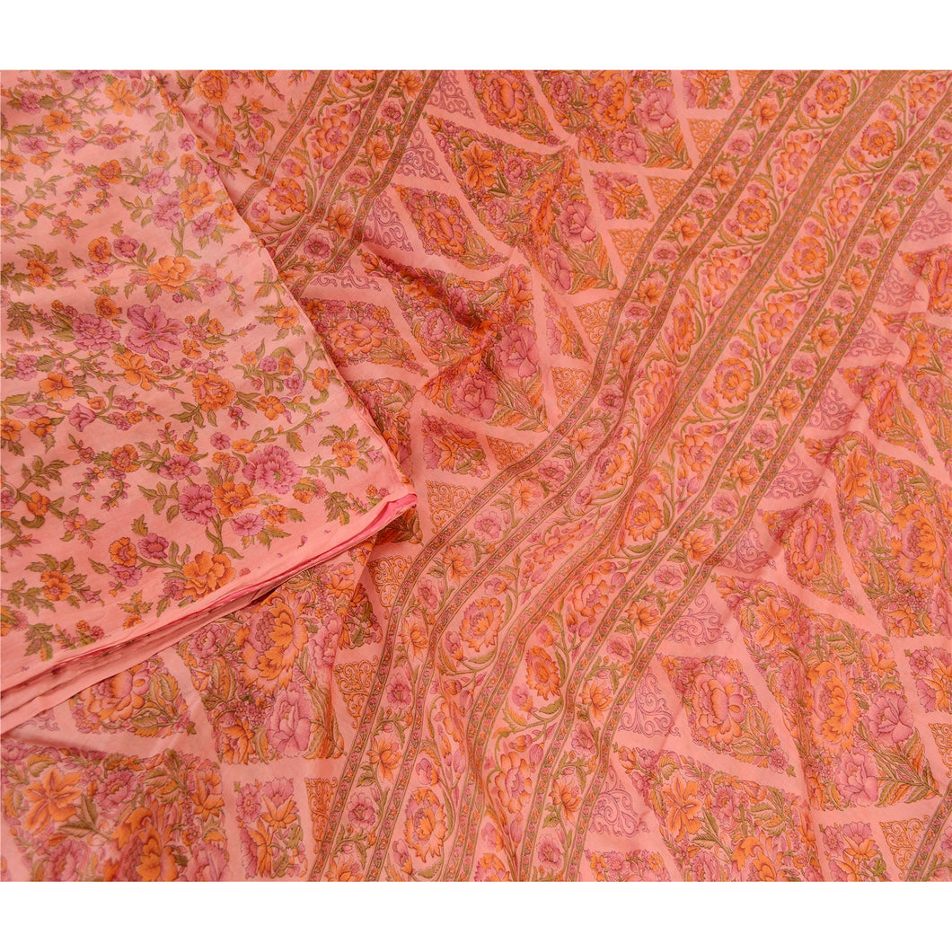 Sanskriti Vintage Sarees Blush-Pink Pure Silk Printed Sari Floral Craft Fabric