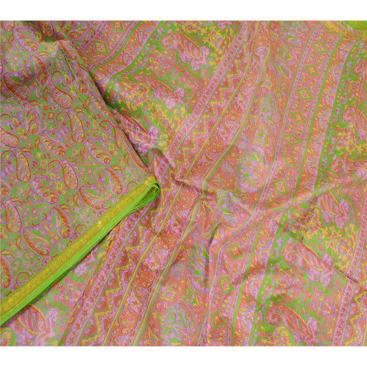 Sanskriti Vintage Sarees Pink Pure Silk Printed Zari Border Sari Craft Sustainable Fabric