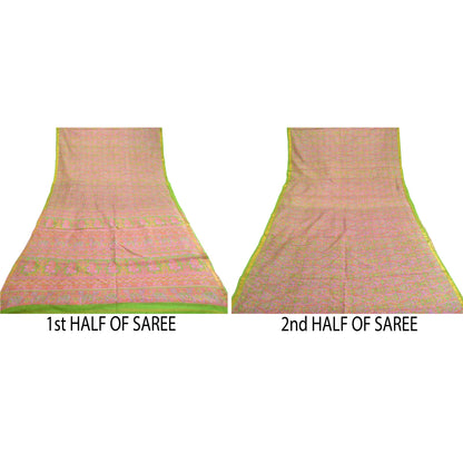 Sanskriti Vintage Sarees Pink Pure Silk Printed Zari Border Sari Craft Sustainable Fabric