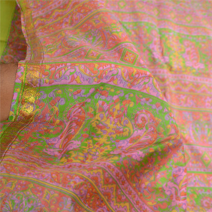 Sanskriti Vintage Sarees Pink Pure Silk Printed Zari Border Sari Craft Sustainable Fabric