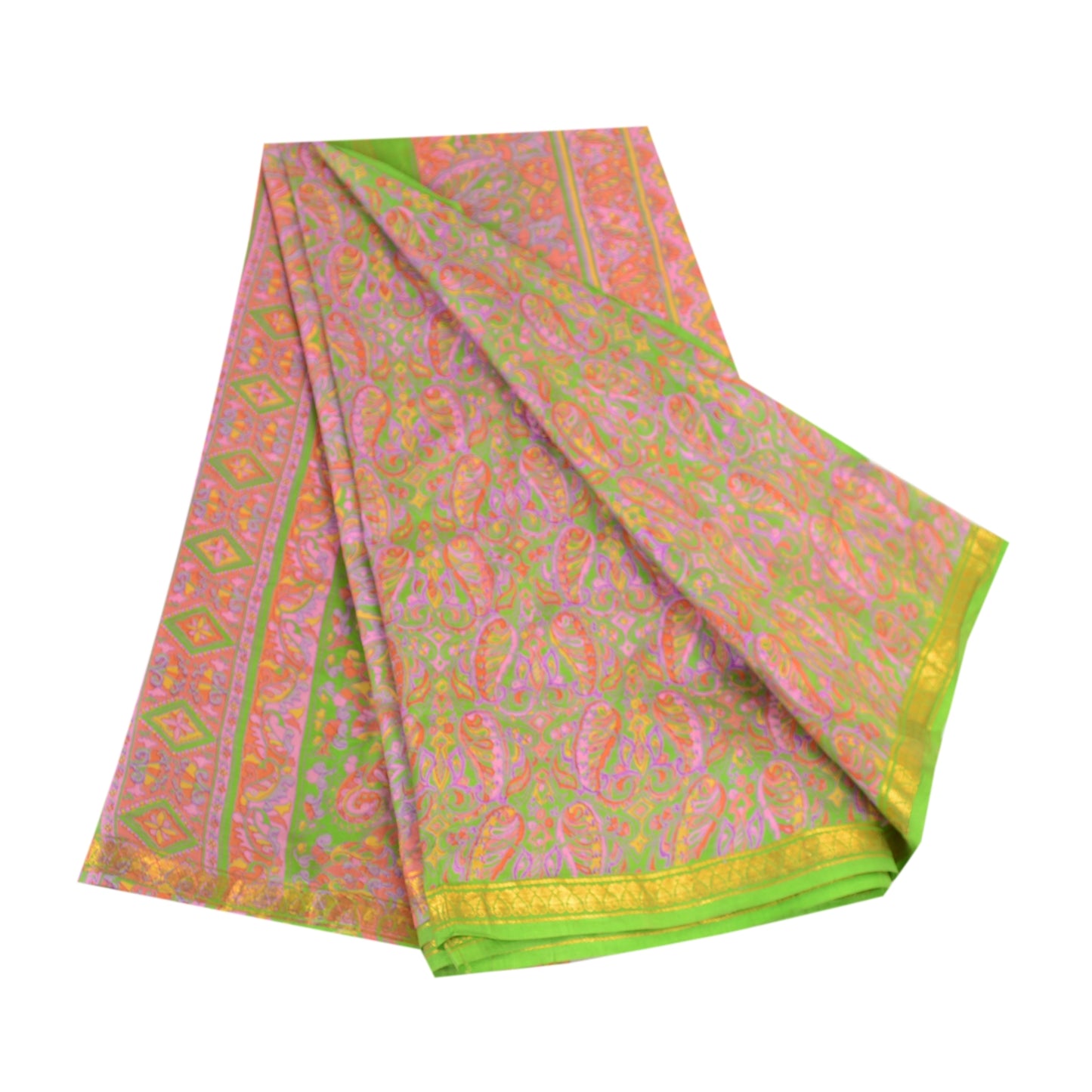 Sanskriti Vintage Sarees Pink Pure Silk Printed Zari Border Sari Craft Sustainable Fabric