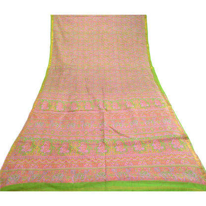 Sanskriti Vintage Sarees Pink Pure Silk Printed Zari Border Sari Craft Sustainable Fabric