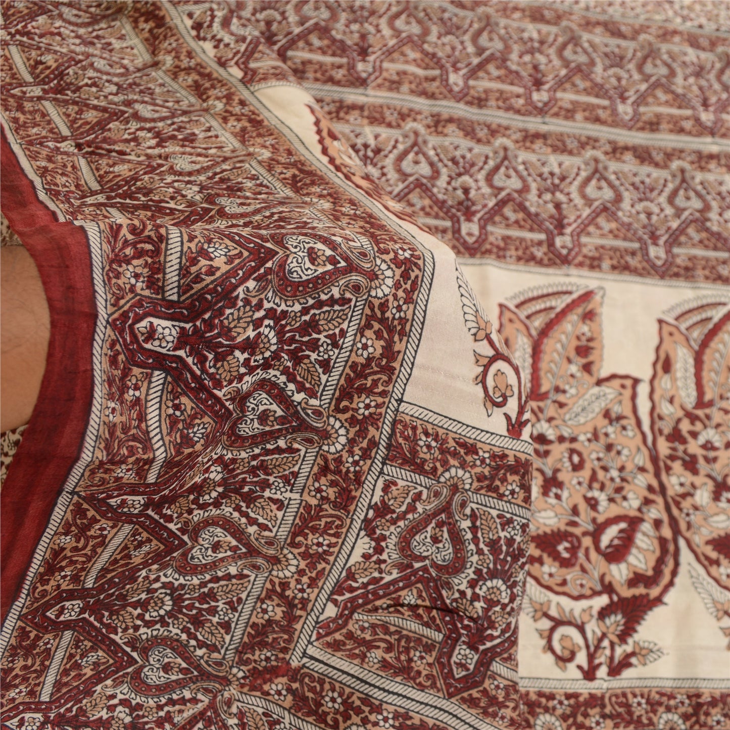 Sanskriti Vintage Sarees Indian Dark Red Printed Pure Silk Sari 5yd Craft Sustainable Fabric