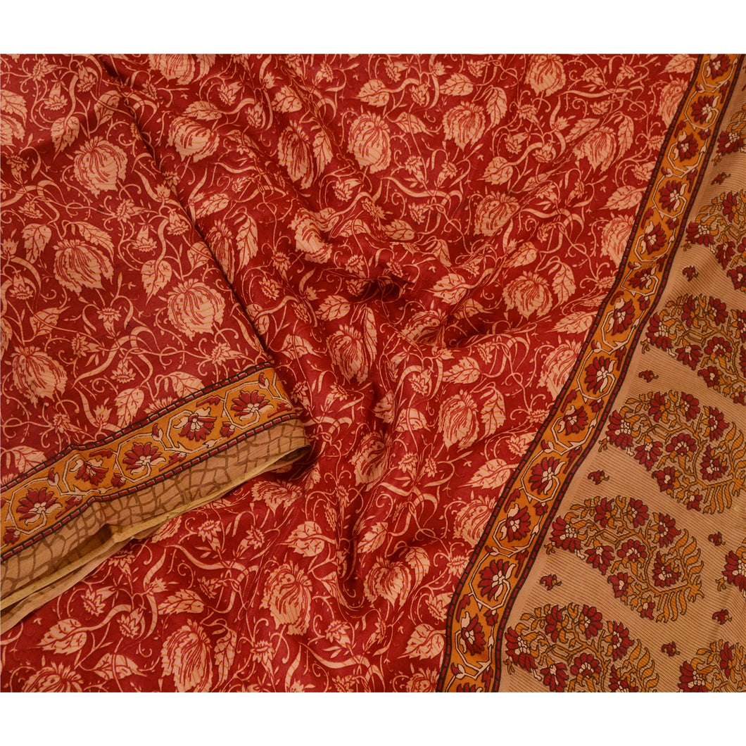 Sanskriti Vintage Sarees From India Red Pure Silk Printed Sari 5yd Craft Fabric