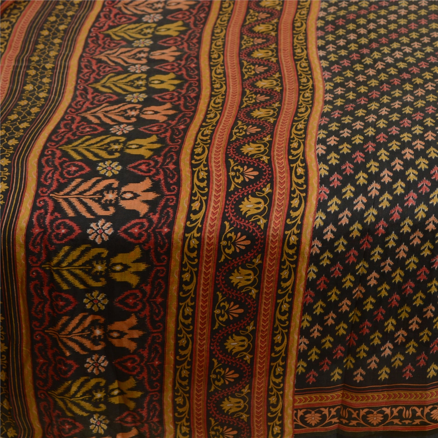 Sanskriti Vintage Sarees Black From India Pure Silk Printed Sari Craft Sustainable Fabric