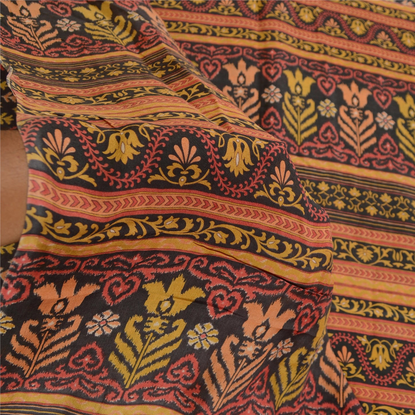Sanskriti Vintage Sarees Black From India Pure Silk Printed Sari Craft Sustainable Fabric