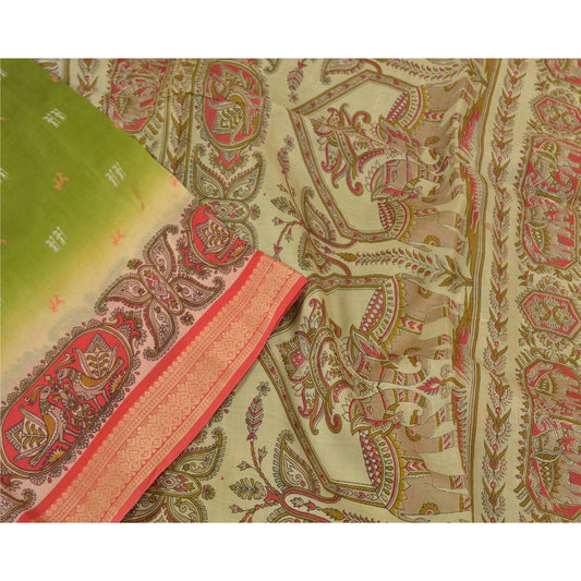 Sanskriti Vintage Sarees Green Animal Printed Pure Silk Sari Decor Craft Sustainable Fabric