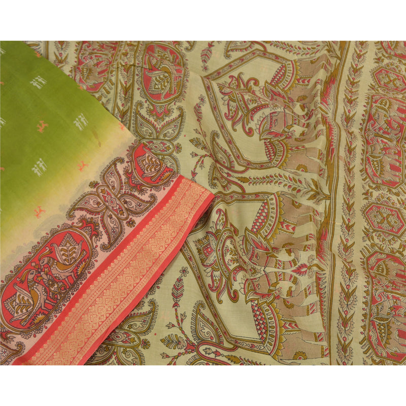 Sanskriti Vintage Sarees Grønne Dyreprintede Ren Silke Sari Dekoration Håndværk Bæredygtigt Stof