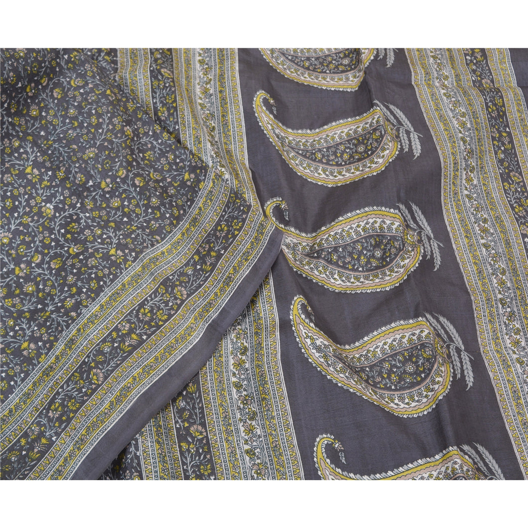 Sanskriti Vintage Sarees Indian Blue Printed Pure Silk Sari Floral Craft Fabric