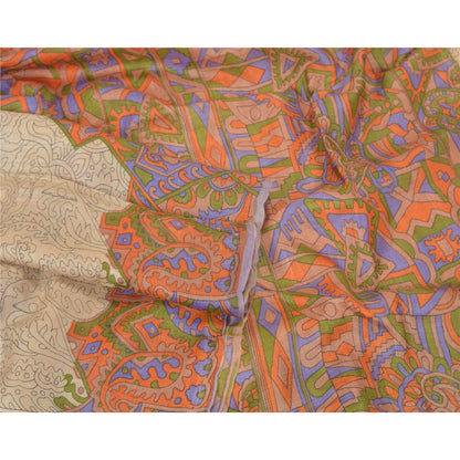 Sanskriti Vintage Sarees Indian Cream Printed Pure Silk Sari Soft Craft Sustainable Fabric