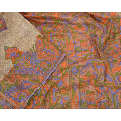 Sanskriti Vintage Sarees Indian Cream Printed Pure Silk Sari Soft Craft Sustainable Fabric