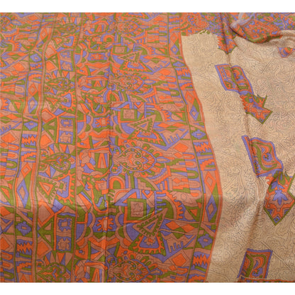 Sanskriti Vintage Sarees Indian Cream Printed Pure Silk Sari Soft Craft Sustainable Fabric