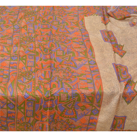 Sanskriti Vintage Sarees Indian Cream Printed Pure Silk Sari Soft Craft Sustainable Fabric