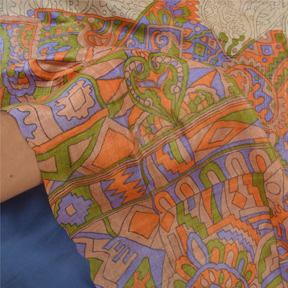 Sanskriti Vintage Sarees Indian Cream Printed Pure Silk Sari Soft Craft Sustainable Fabric