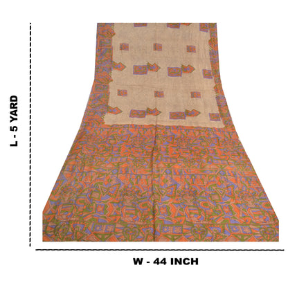 Sanskriti Vintage Sarees Indian Cream Printed Pure Silk Sari Soft Craft Sustainable Fabric