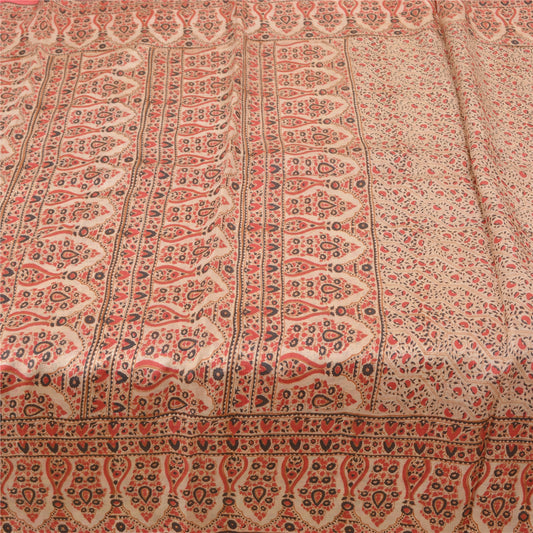 Sanskriti Vintage Sarees Red Indian Printed Pure Silk Sari Soft 5yd Craft Sustainable Fabric