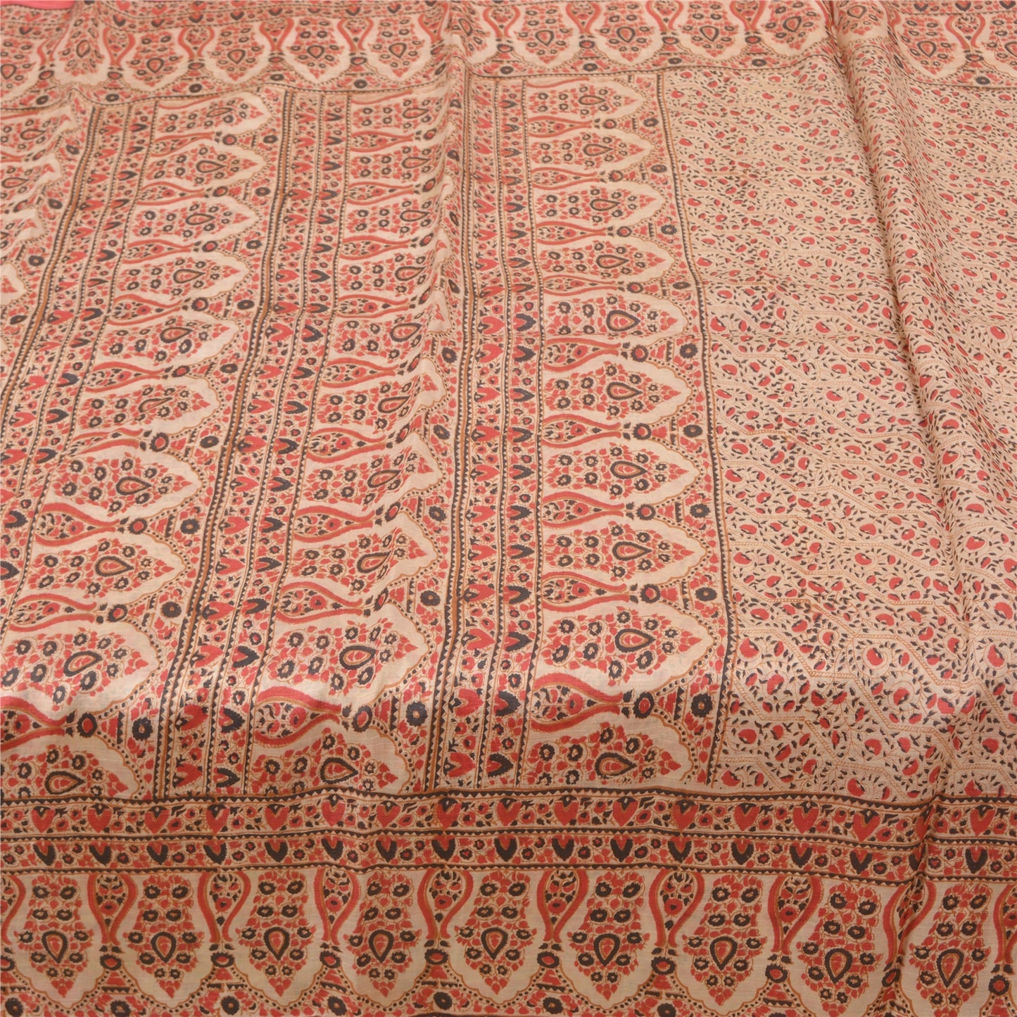 Sanskriti Vintage Sarees Red Indian Printed Pure Silk Sari Soft 5yd Craft Sustainable Fabric