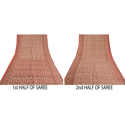 Sanskriti Vintage Sarees Red Indian Printed Pure Silk Sari Soft 5yd Craft Sustainable Fabric