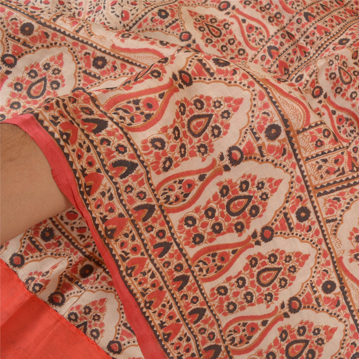 Sanskriti Vintage Sarees Red Indian Printed Pure Silk Sari Soft 5yd Craft Sustainable Fabric