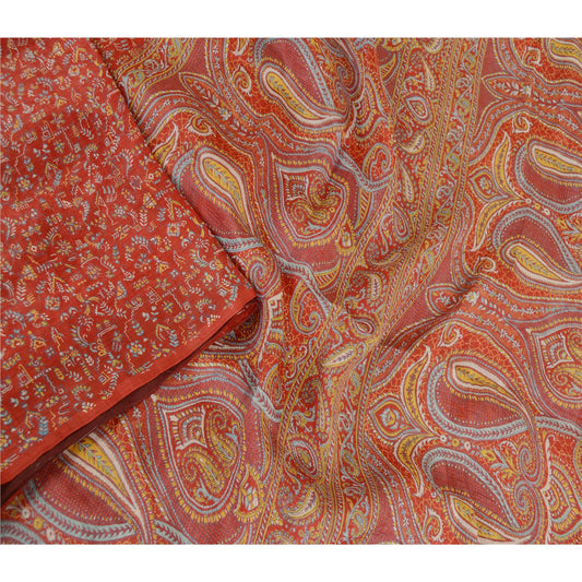 Sanskriti Vintage Sarees Red Indian Pure Silk Printed Sari Floral Craft Sustainable Fabric