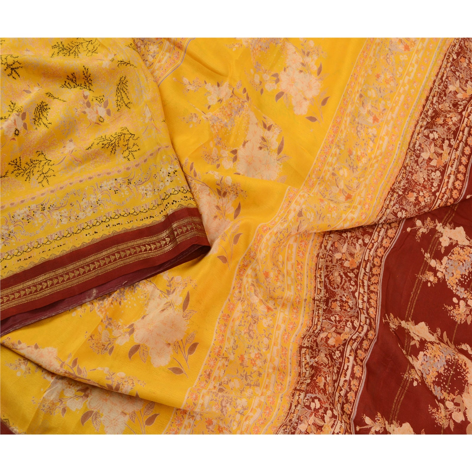 Sanskriti Vintage Saree 100% Pure Silk Saree Canary Yellow & Red Printed Zari Border Sari 5yd Fabric Uses Crafts Sewing Decor Bag Making