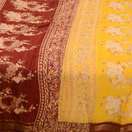 Sanskriti Vintage Sarees Canary Yellow Printed Pure Silk Zari Border Sari Sustainable Fabric
