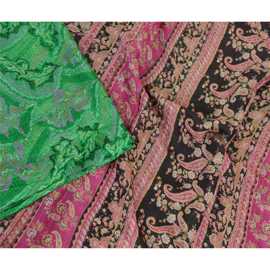 Sanskriti Vintage Sarees Indian Green Pure Silk Printed Sari Floral Craft Sustainable Fabric