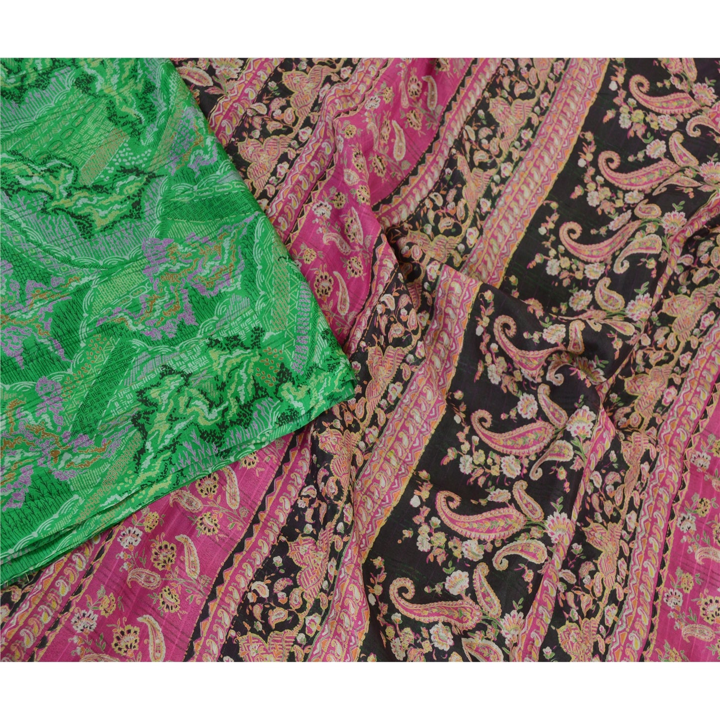 Sanskriti Vintage Sarees Indian Green Pure Silk Printed Sari Floral Craft Sustainable Fabric