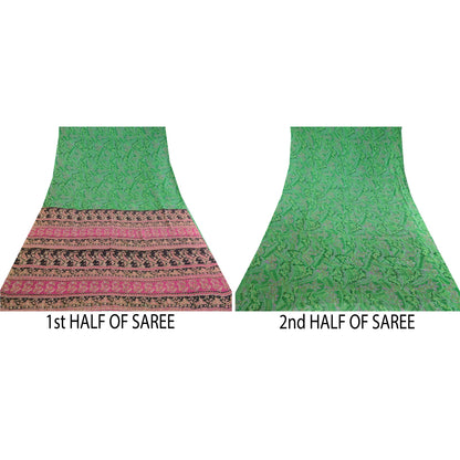 Sanskriti Vintage Sarees Indian Green Pure Silk Printed Sari Floral Craft Sustainable Fabric