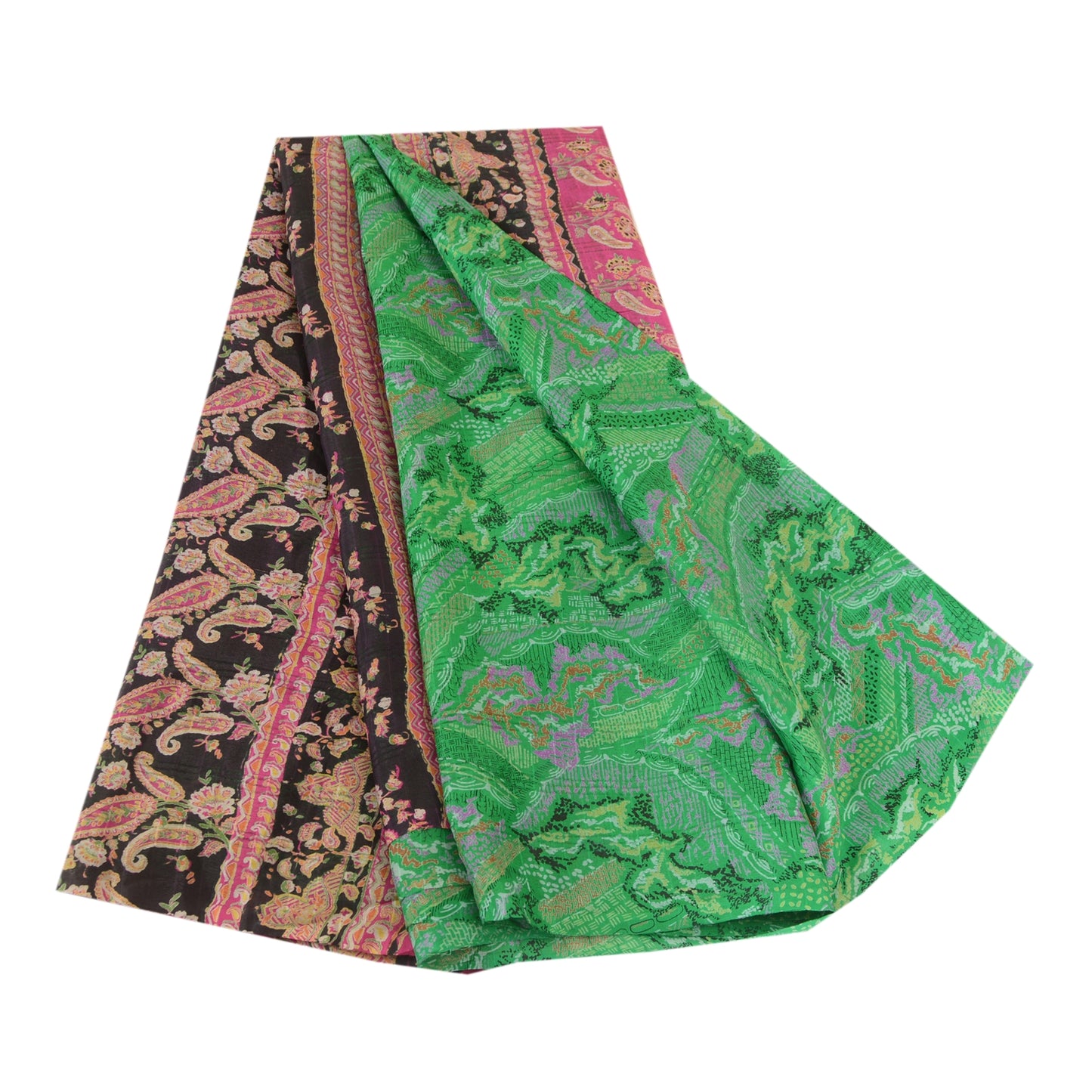 Sanskriti Vintage Sarees Indian Green Pure Silk Printed Sari Floral Craft Sustainable Fabric