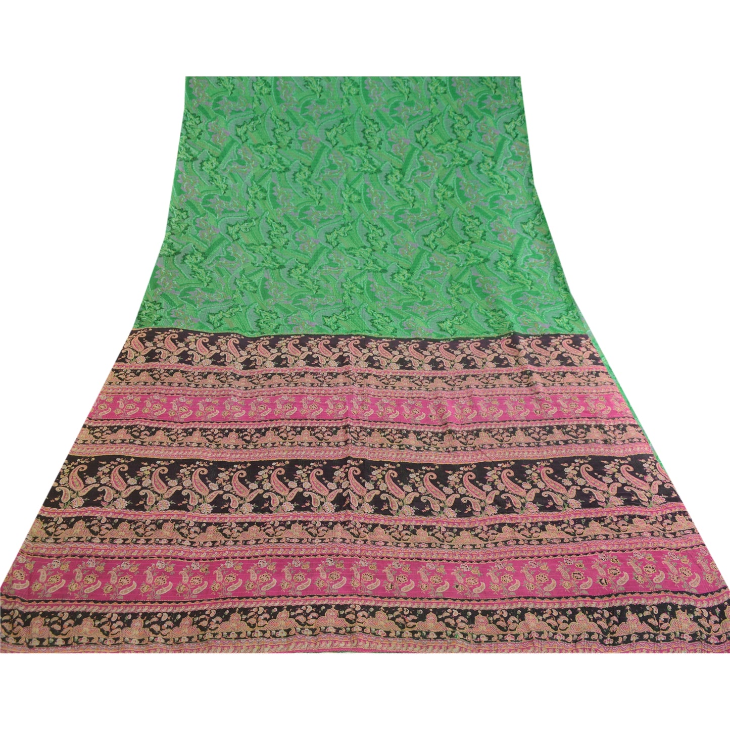 Sanskriti Vintage Sarees Indian Green Pure Silk Printed Sari Floral Craft Sustainable Fabric