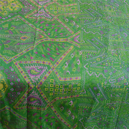 Sanskriti Vintage Sarees From India Green Pure Silk Printed Sari Craft Sustainable Fabric