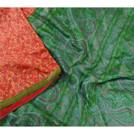 Sanskriti Vintage Sarees Red Pure Silk Printed Zari Border Sari 5yd Craft Sustainable Fabric