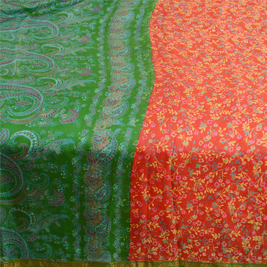 Sanskriti Vintage Sarees Red Pure Silk Printed Zari Border Sari 5yd Craft Sustainable Fabric
